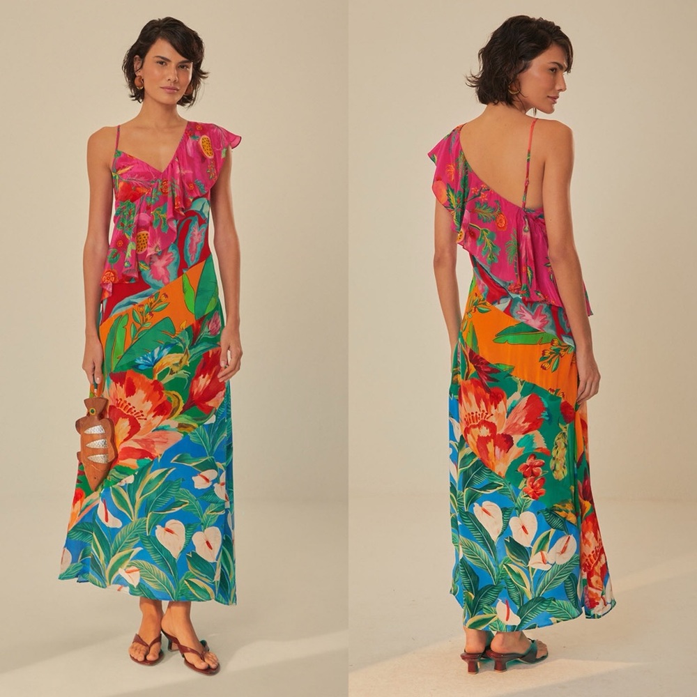 NWT Farm Rio Mixed Flowery Colorblock Ruffle One Strap Midi Dress Tropical